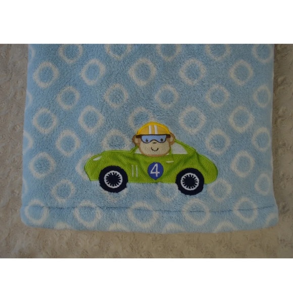 Carter's Monkey Racecar Baby Blanket Blue White Circles Rings Green Car Lovey - Picture 1 of 4